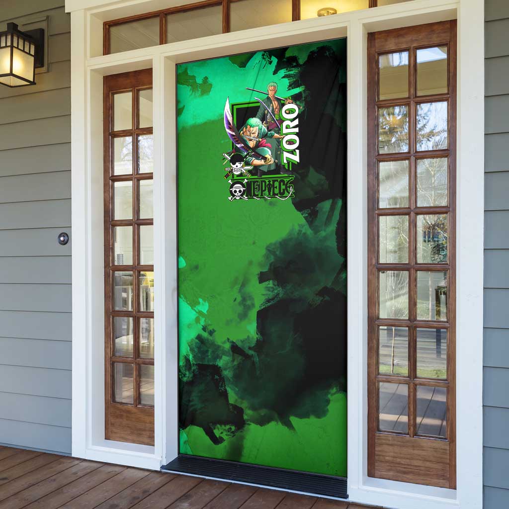 Zoro One Piece Green Theme Door Cover with Swordsman Pose and Three Sword Style Design - The Mazicc
