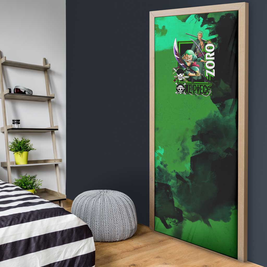 Zoro One Piece Green Theme Door Cover with Swordsman Pose and Three Sword Style Design - The Mazicc