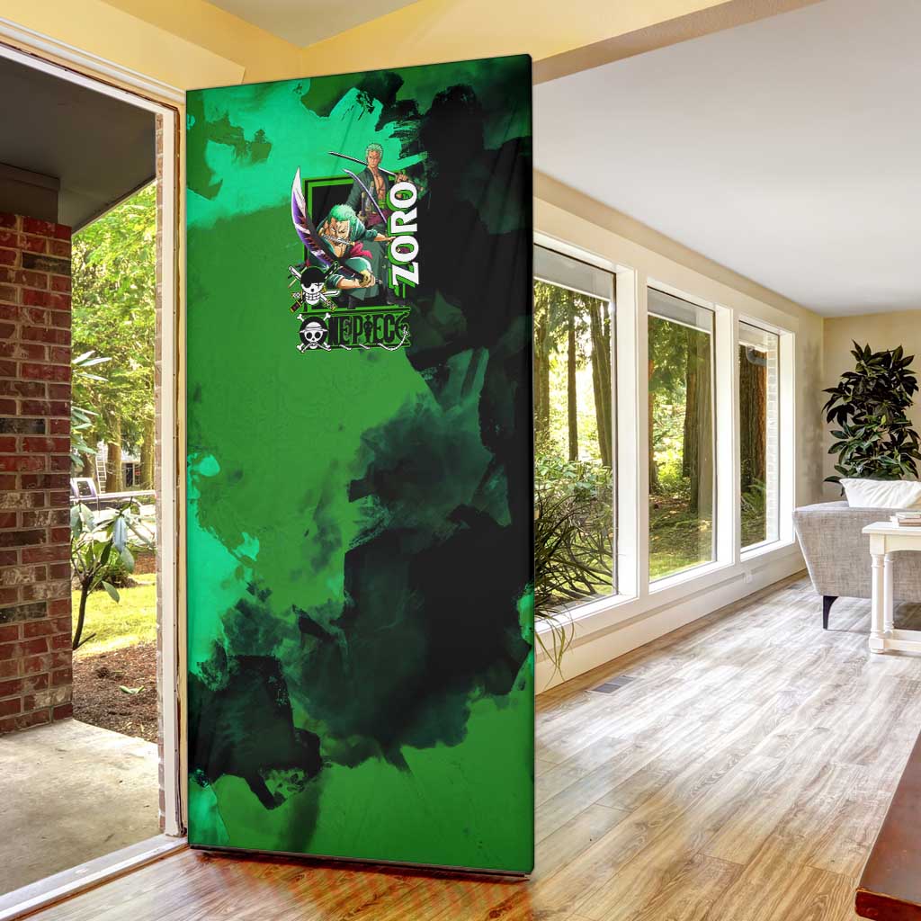 Zoro One Piece Green Theme Door Cover with Swordsman Pose and Three Sword Style Design - The Mazicc