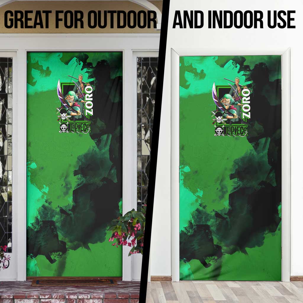 Zoro One Piece Green Theme Door Cover with Swordsman Pose and Three Sword Style Design - The Mazicc