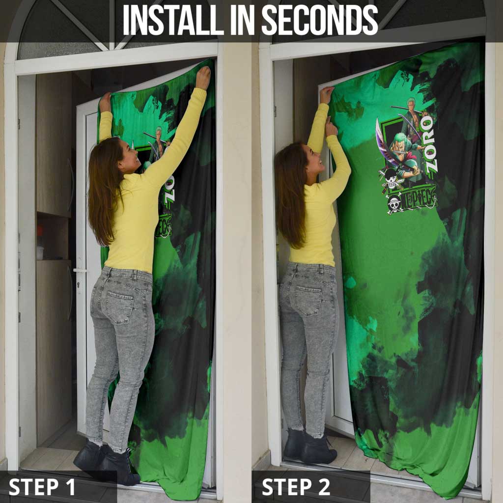 Zoro One Piece Green Theme Door Cover with Swordsman Pose and Three Sword Style Design - The Mazicc