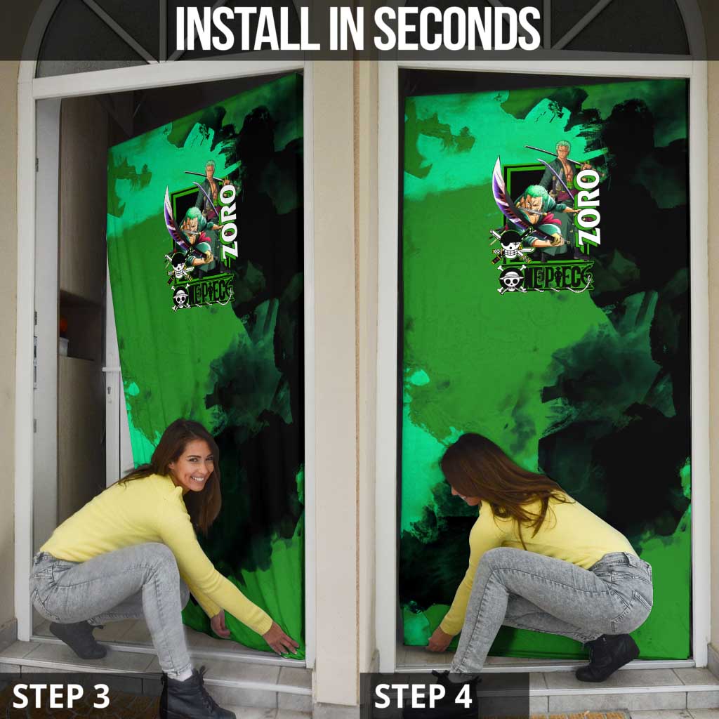 Zoro One Piece Green Theme Door Cover with Swordsman Pose and Three Sword Style Design - The Mazicc