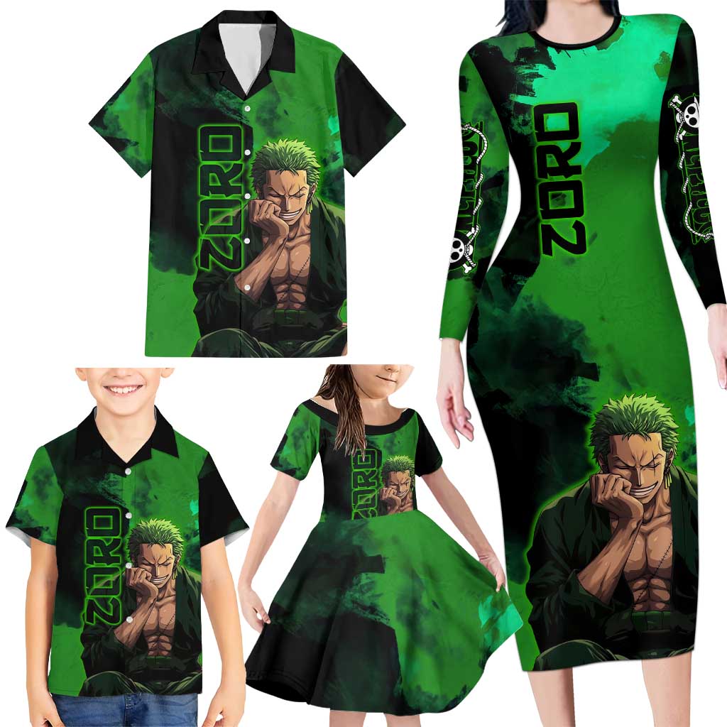 Zoro One Piece Green Theme Family Matching Long Sleeve Bodycon Dress and Hawaiian Shirt with Swordsman Pose and Three Sword Style Design