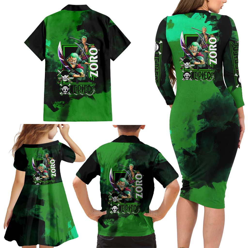 Zoro One Piece Green Theme Family Matching Long Sleeve Bodycon Dress and Hawaiian Shirt with Swordsman Pose and Three Sword Style Design