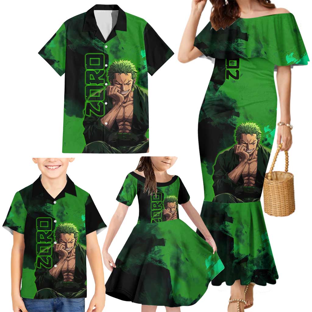Zoro One Piece Green Theme Family Matching Mermaid Dress and Hawaiian Shirt with Swordsman Pose and Three Sword Style Design