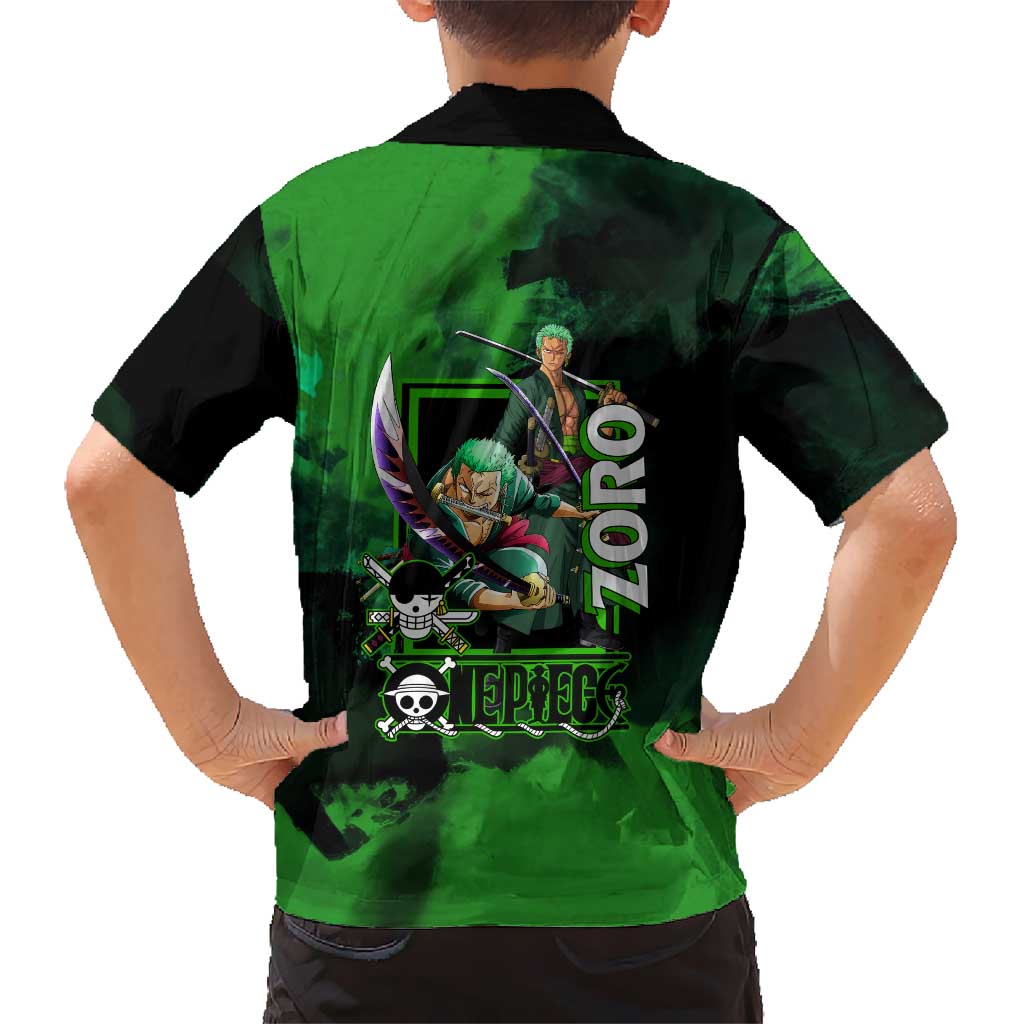 Zoro One Piece Green Theme Family Matching Mermaid Dress and Hawaiian Shirt with Swordsman Pose and Three Sword Style Design