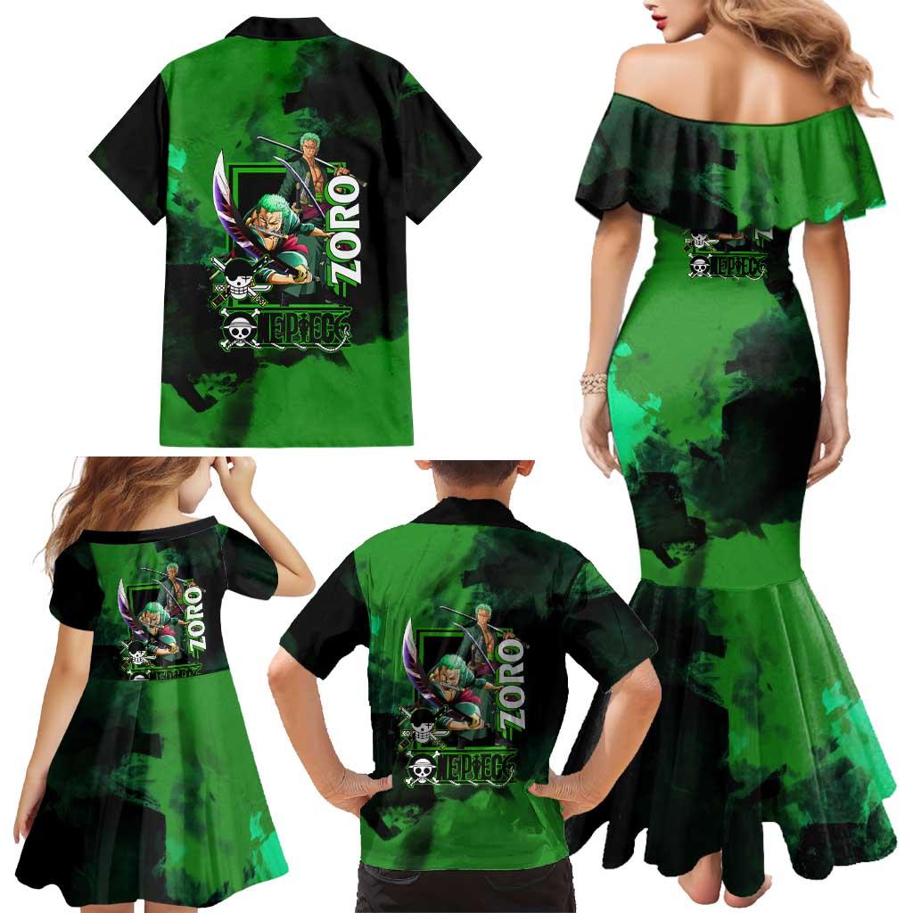 Zoro One Piece Green Theme Family Matching Mermaid Dress and Hawaiian Shirt with Swordsman Pose and Three Sword Style Design