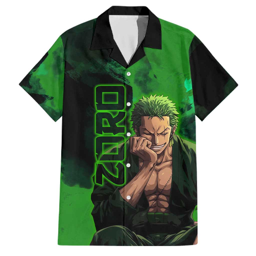 Zoro One Piece Green Theme Family Matching Mermaid Dress and Hawaiian Shirt with Swordsman Pose and Three Sword Style Design