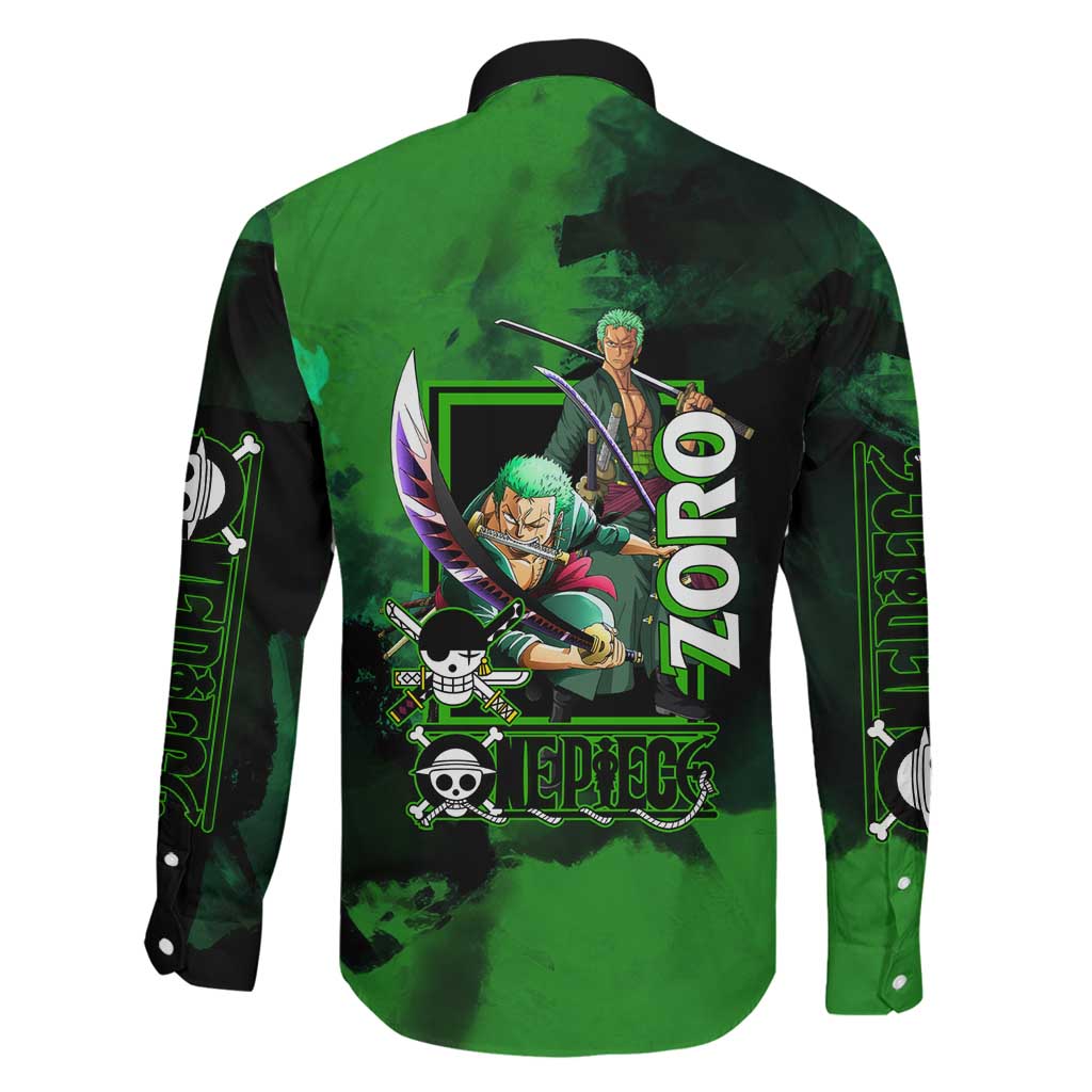 Zoro One Piece Green Theme Family Matching Mermaid Dress and Hawaiian Shirt with Swordsman Pose and Three Sword Style Design