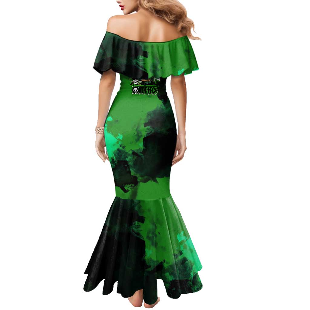 Zoro One Piece Green Theme Family Matching Mermaid Dress and Hawaiian Shirt with Swordsman Pose and Three Sword Style Design