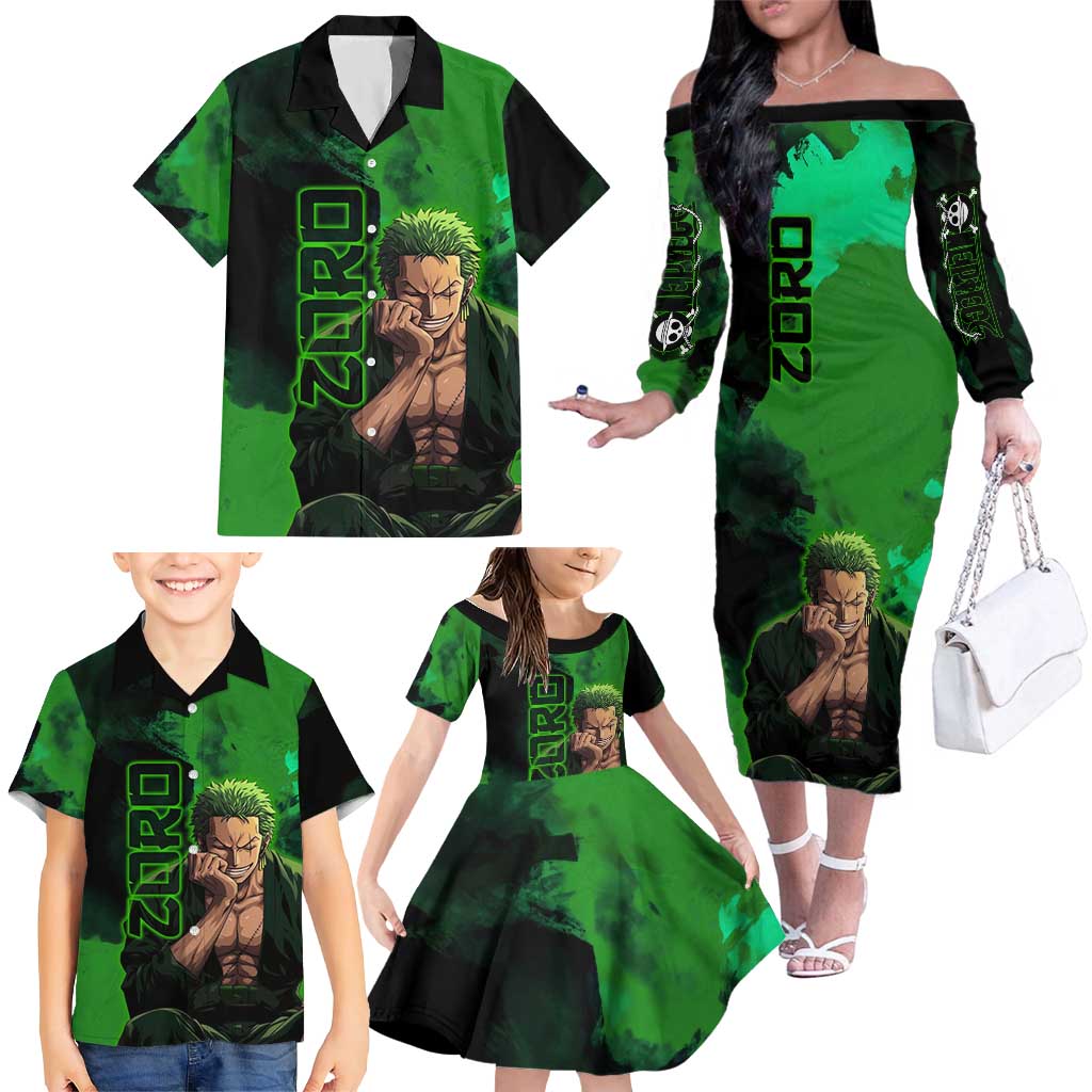 Zoro One Piece Green Theme Family Matching Off The Shoulder Long Sleeve Dress and Hawaiian Shirt with Swordsman Pose and Three Sword Style Design
