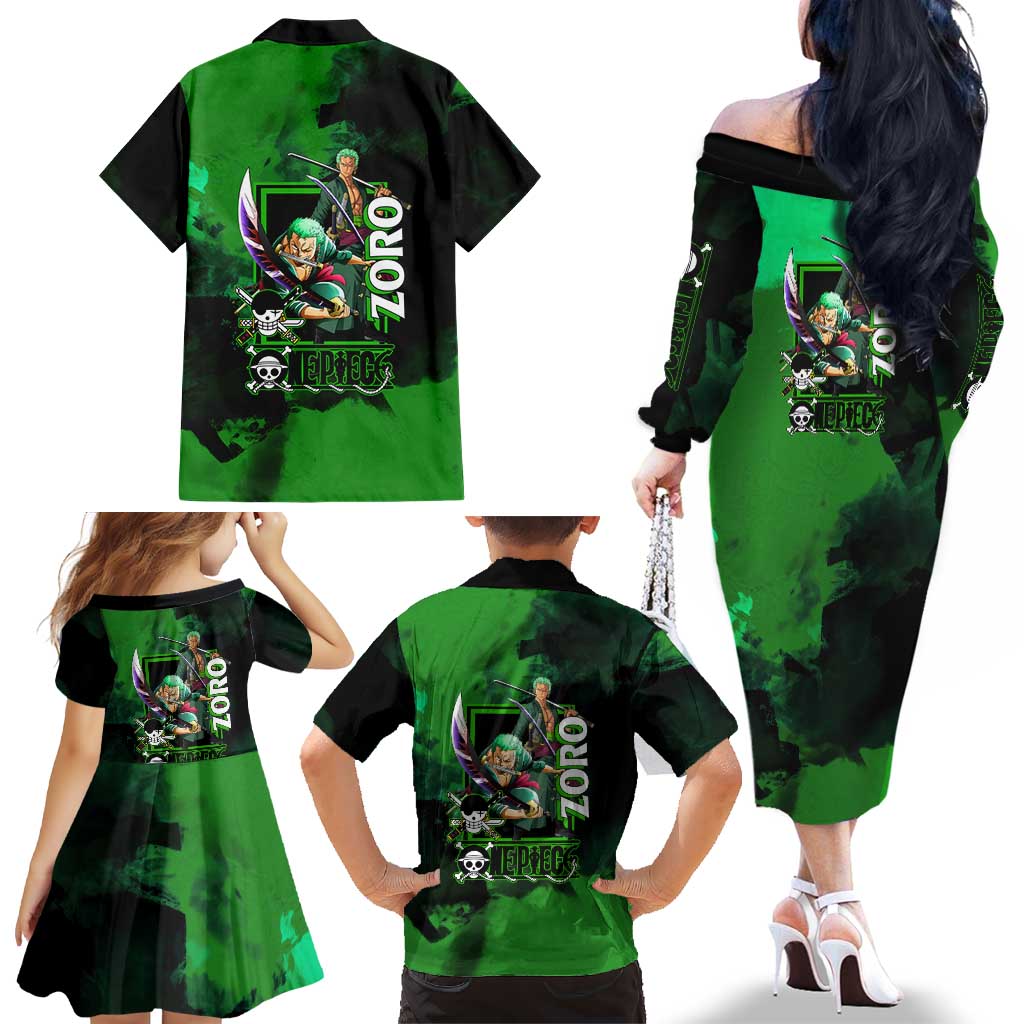 Zoro One Piece Green Theme Family Matching Off The Shoulder Long Sleeve Dress and Hawaiian Shirt with Swordsman Pose and Three Sword Style Design