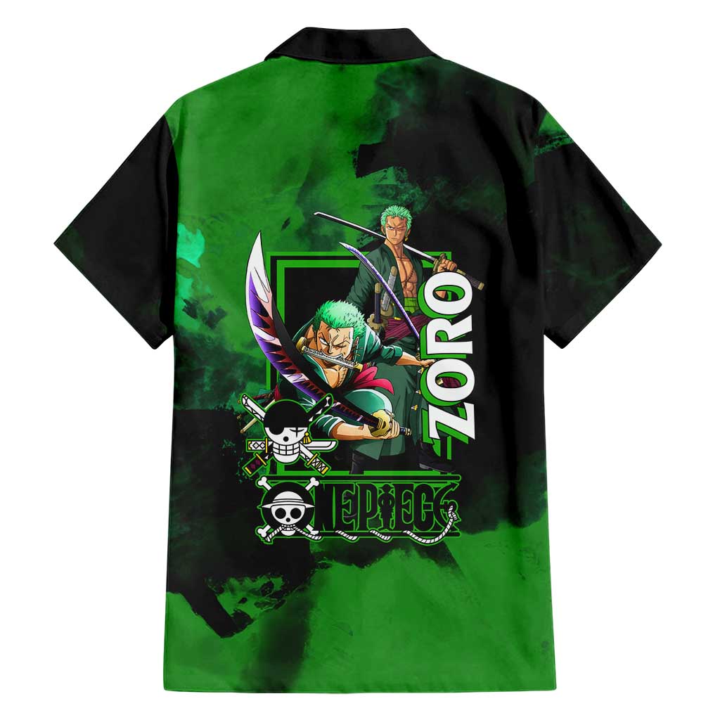 Zoro One Piece Green Theme Family Matching Off The Shoulder Long Sleeve Dress and Hawaiian Shirt with Swordsman Pose and Three Sword Style Design