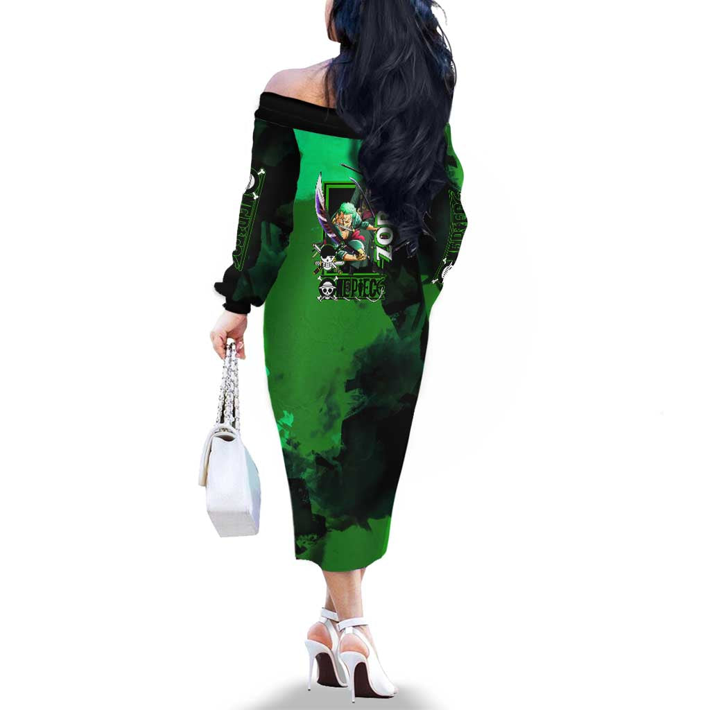 Zoro One Piece Green Theme Family Matching Off The Shoulder Long Sleeve Dress and Hawaiian Shirt with Swordsman Pose and Three Sword Style Design