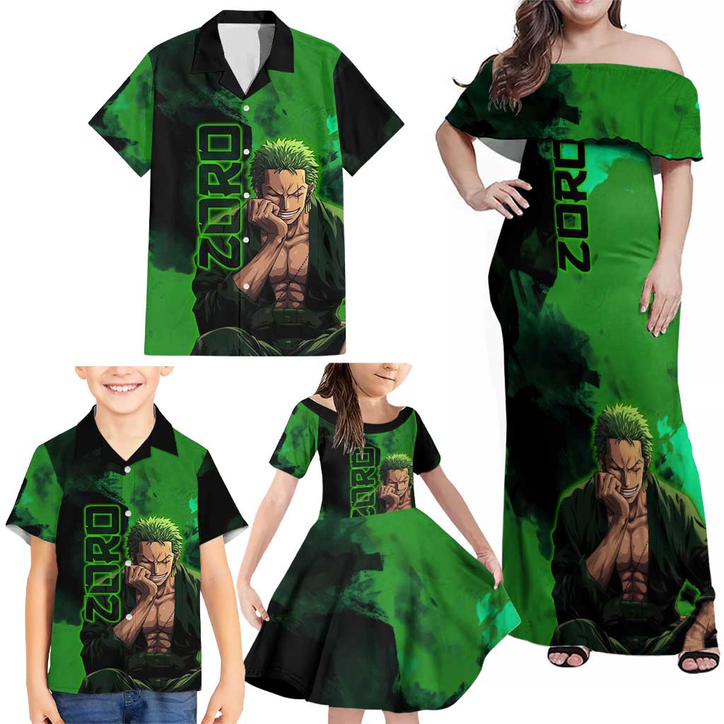 Zoro One Piece Green Theme Family Matching Off Shoulder Maxi Dress and Hawaiian Shirt with Swordsman Pose and Three Sword Style Design