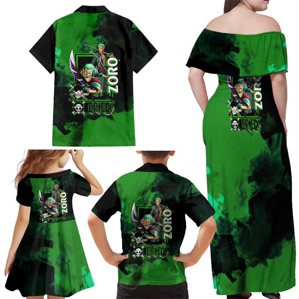 Zoro One Piece Green Theme Family Matching Off Shoulder Maxi Dress and Hawaiian Shirt with Swordsman Pose and Three Sword Style Design