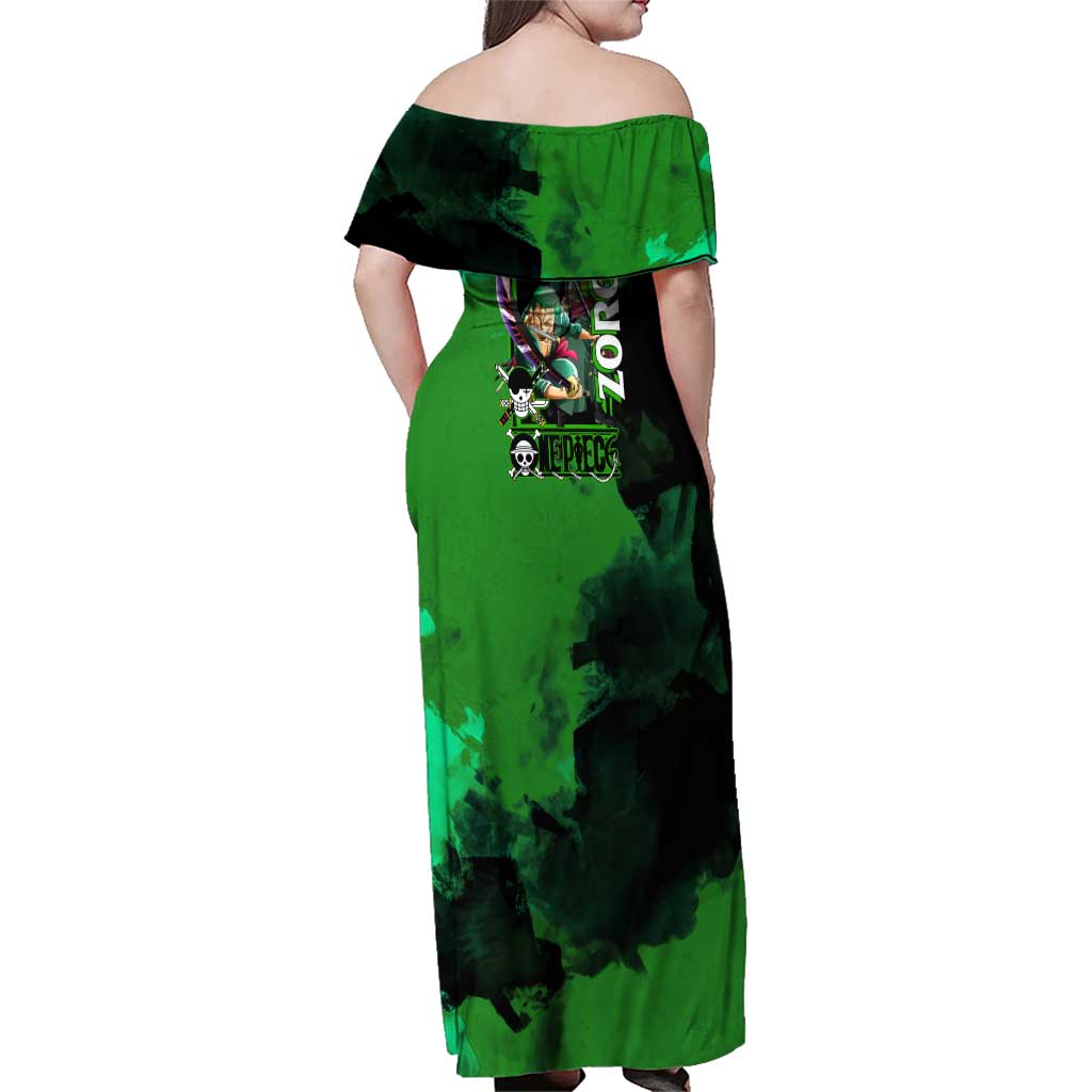Zoro One Piece Green Theme Family Matching Off Shoulder Maxi Dress and Hawaiian Shirt with Swordsman Pose and Three Sword Style Design