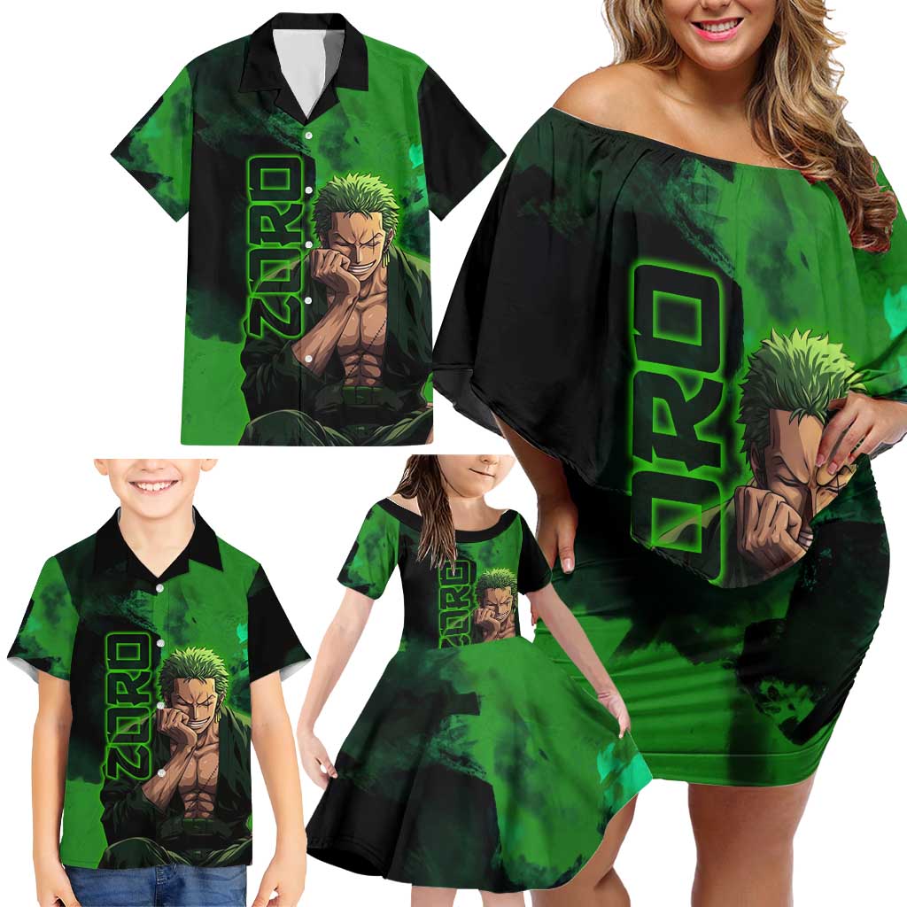 Zoro One Piece Green Theme Family Matching Off Shoulder Short Dress and Hawaiian Shirt with Swordsman Pose and Three Sword Style Design