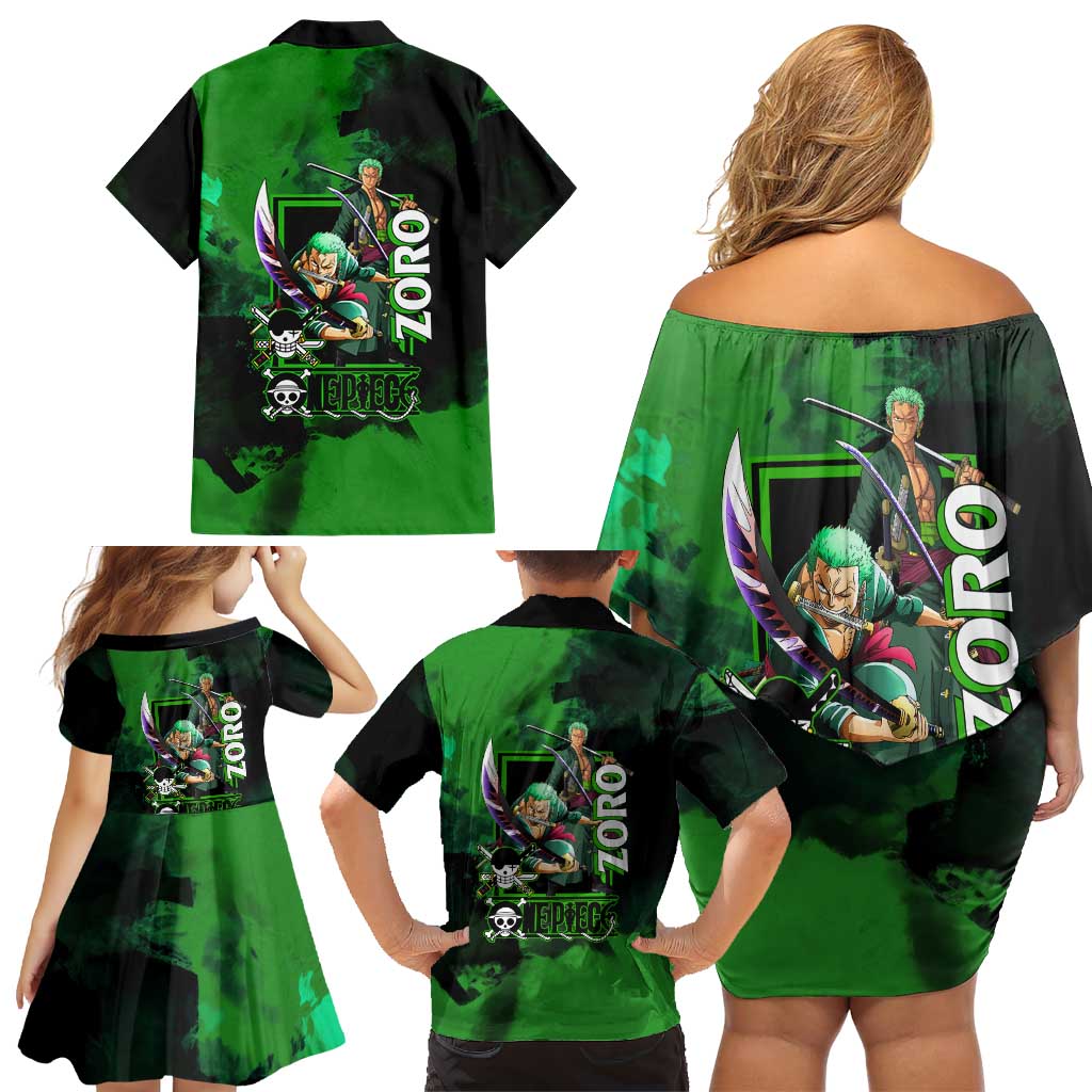 Zoro One Piece Green Theme Family Matching Off Shoulder Short Dress and Hawaiian Shirt with Swordsman Pose and Three Sword Style Design