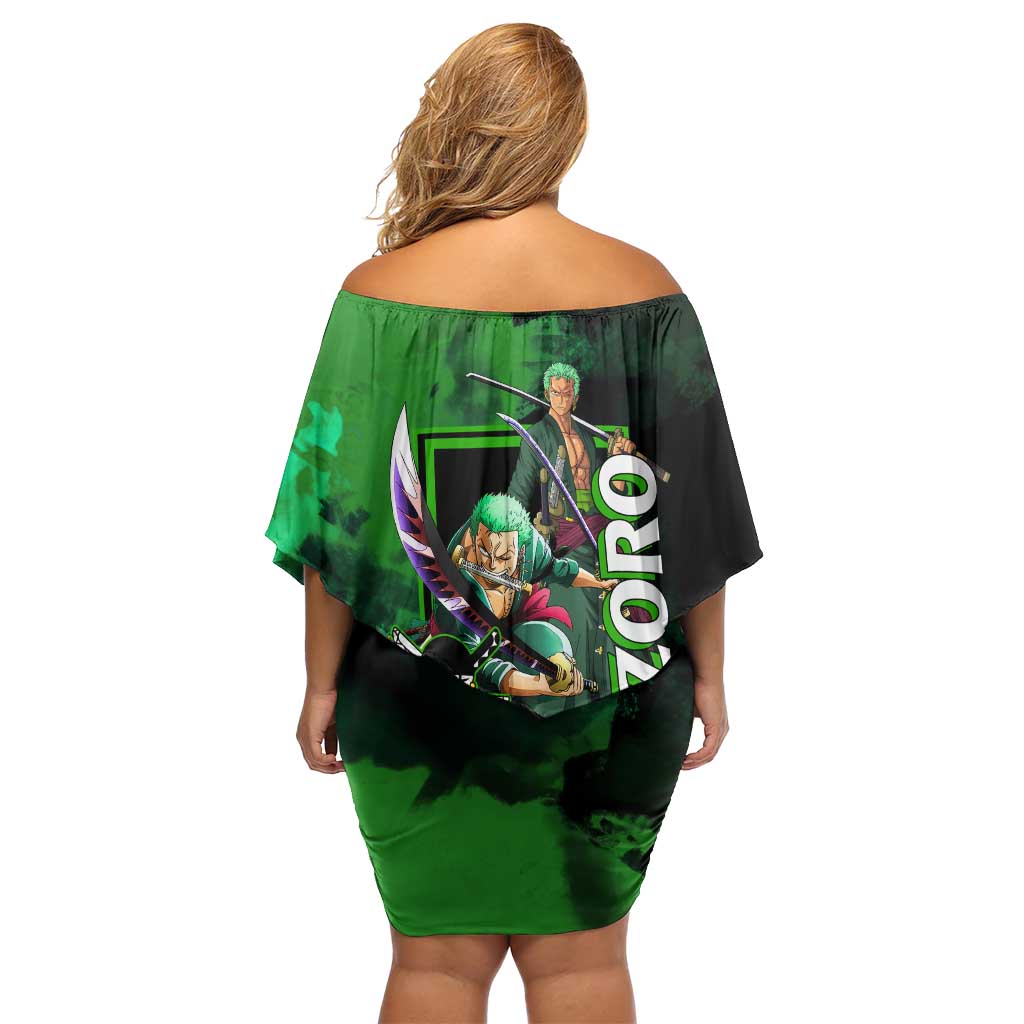 Zoro One Piece Green Theme Family Matching Off Shoulder Short Dress and Hawaiian Shirt with Swordsman Pose and Three Sword Style Design