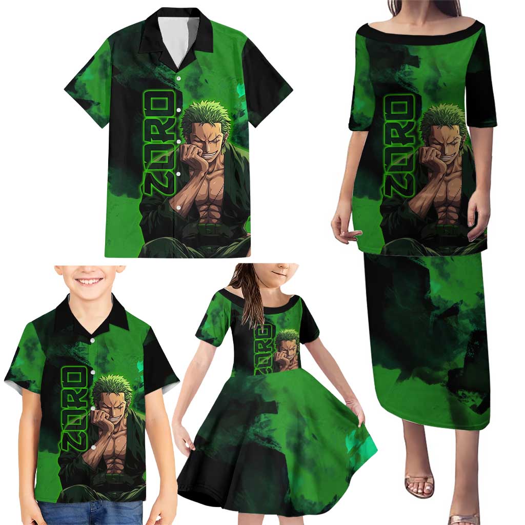 Zoro One Piece Green Theme Family Matching Puletasi and Hawaiian Shirt with Swordsman Pose and Three Sword Style Design