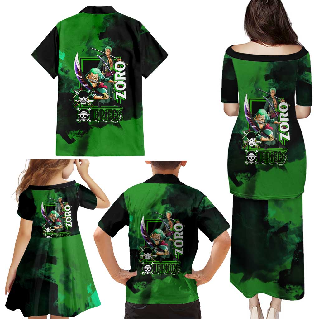 Zoro One Piece Green Theme Family Matching Puletasi and Hawaiian Shirt with Swordsman Pose and Three Sword Style Design
