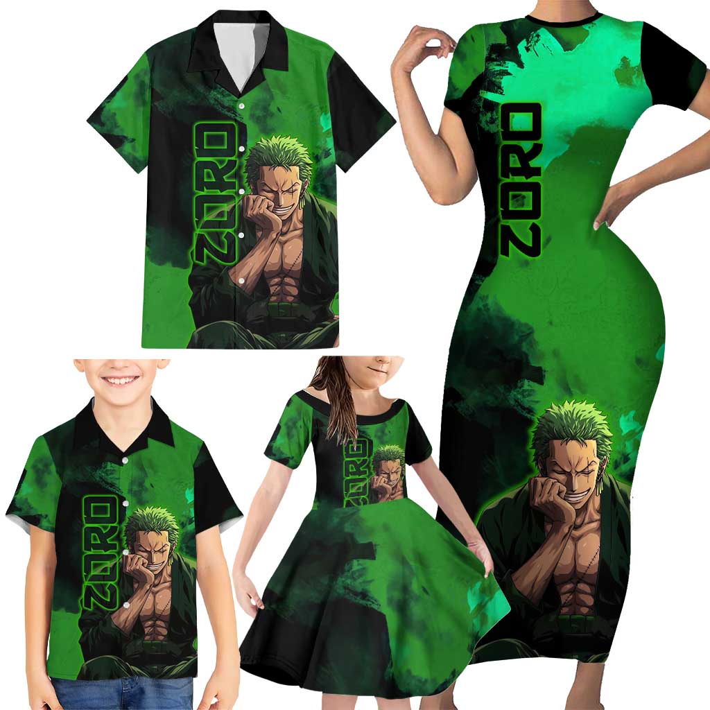 Zoro One Piece Green Theme Family Matching Short Sleeve Bodycon Dress and Hawaiian Shirt with Swordsman Pose and Three Sword Style Design