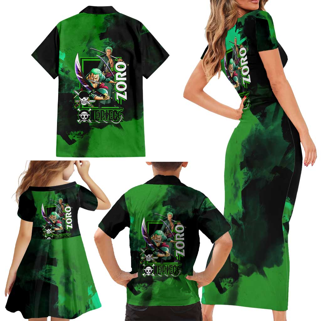 Zoro One Piece Green Theme Family Matching Short Sleeve Bodycon Dress and Hawaiian Shirt with Swordsman Pose and Three Sword Style Design
