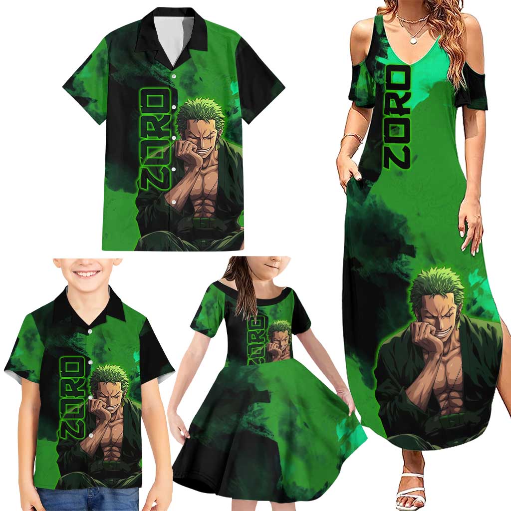 Zoro One Piece Green Theme Family Matching Summer Maxi Dress and Hawaiian Shirt with Swordsman Pose and Three Sword Style Design