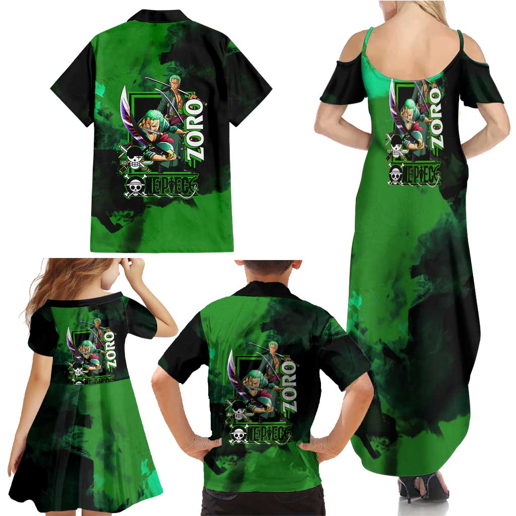 Zoro One Piece Green Theme Family Matching Summer Maxi Dress and Hawaiian Shirt with Swordsman Pose and Three Sword Style Design