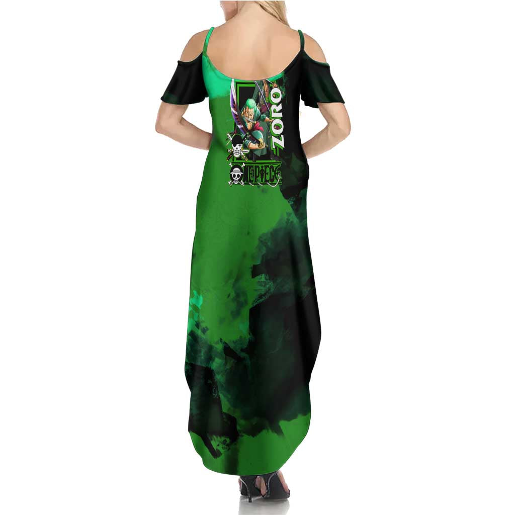 Zoro One Piece Green Theme Family Matching Summer Maxi Dress and Hawaiian Shirt with Swordsman Pose and Three Sword Style Design
