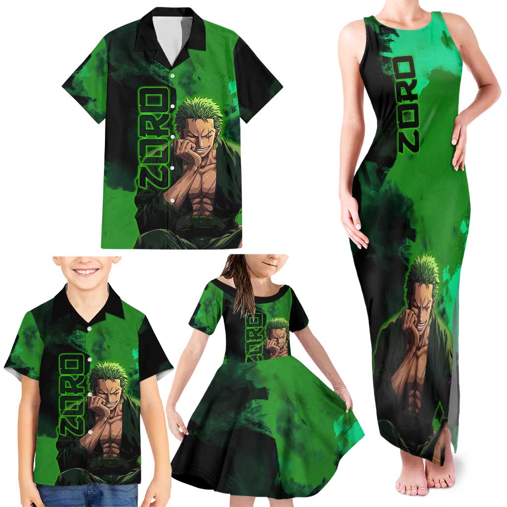 Zoro One Piece Green Theme Family Matching Tank Maxi Dress and Hawaiian Shirt with Swordsman Pose and Three Sword Style Design