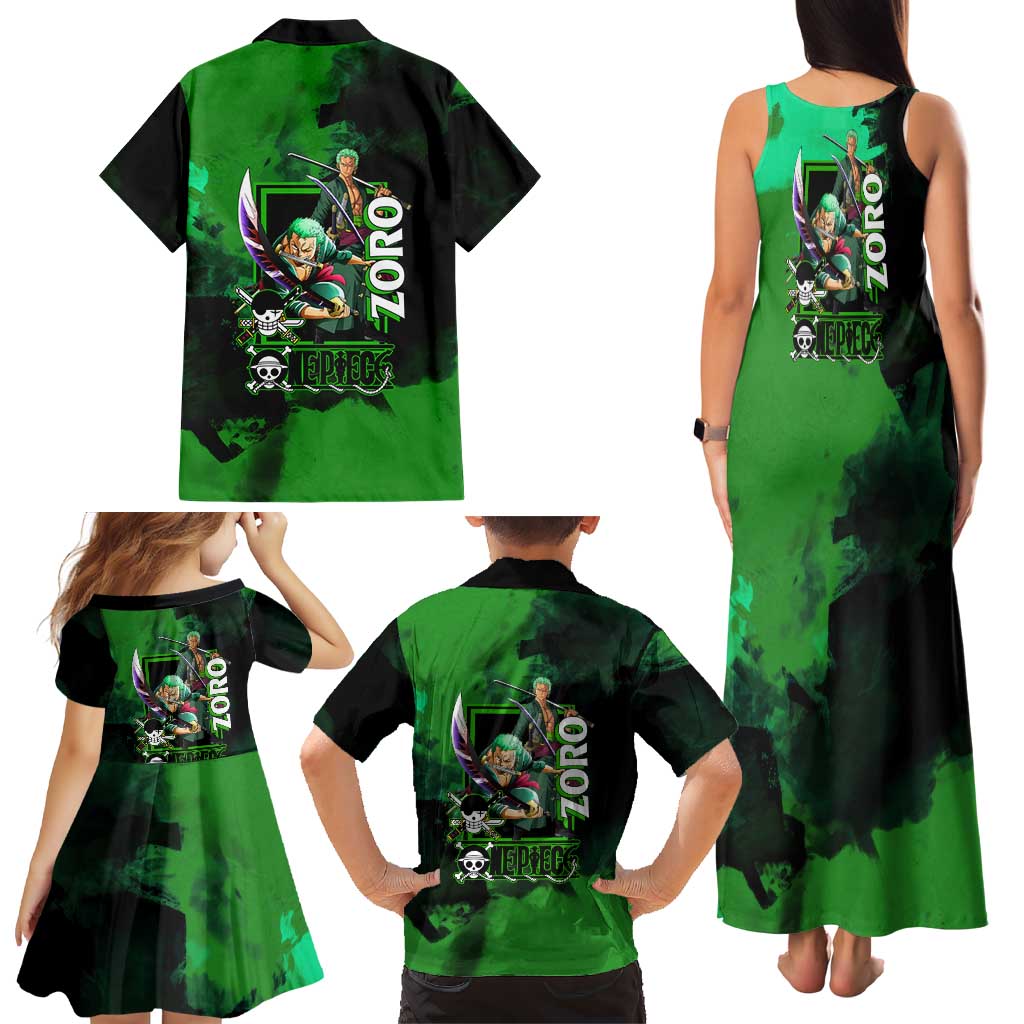 Zoro One Piece Green Theme Family Matching Tank Maxi Dress and Hawaiian Shirt with Swordsman Pose and Three Sword Style Design