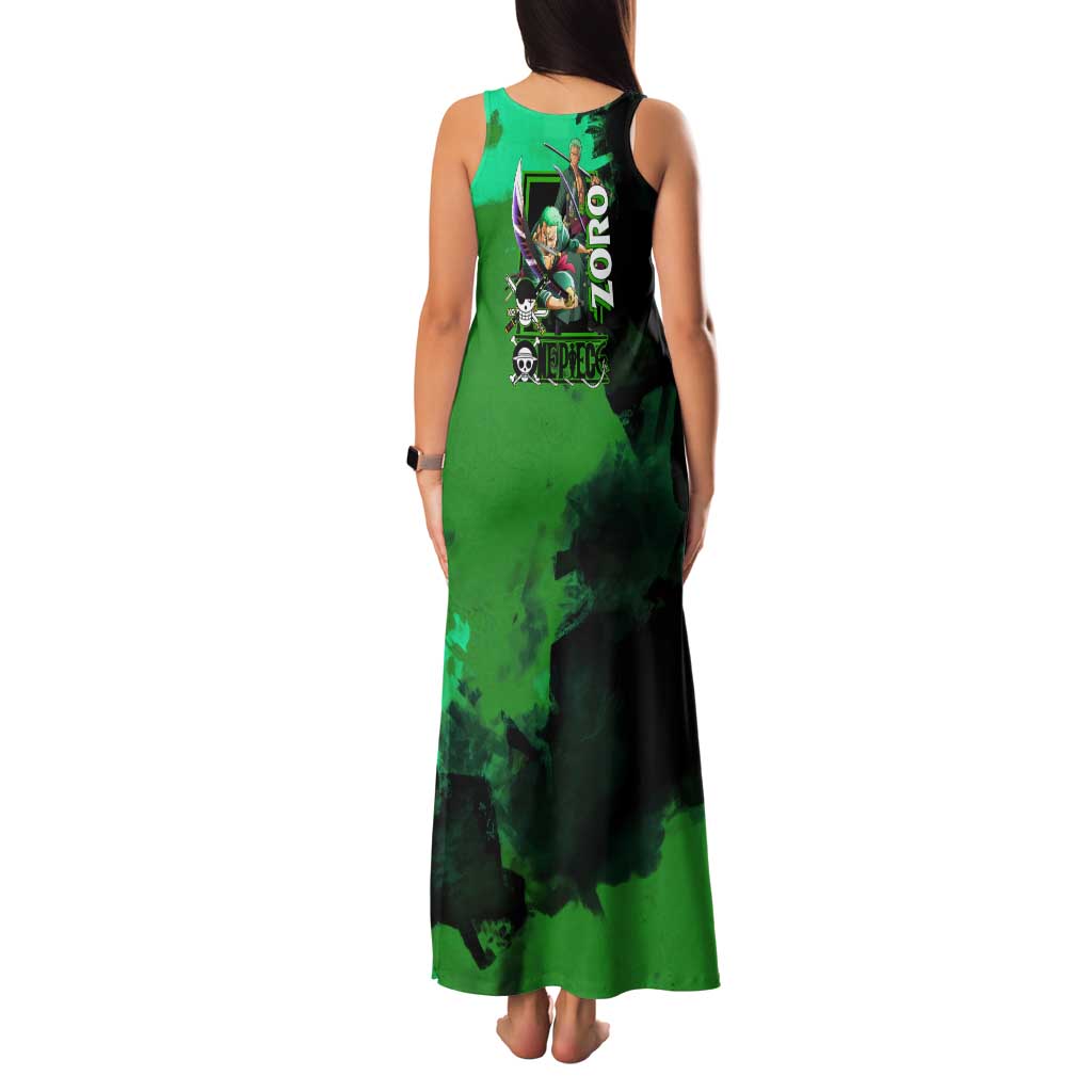 Zoro One Piece Green Theme Family Matching Tank Maxi Dress and Hawaiian Shirt with Swordsman Pose and Three Sword Style Design