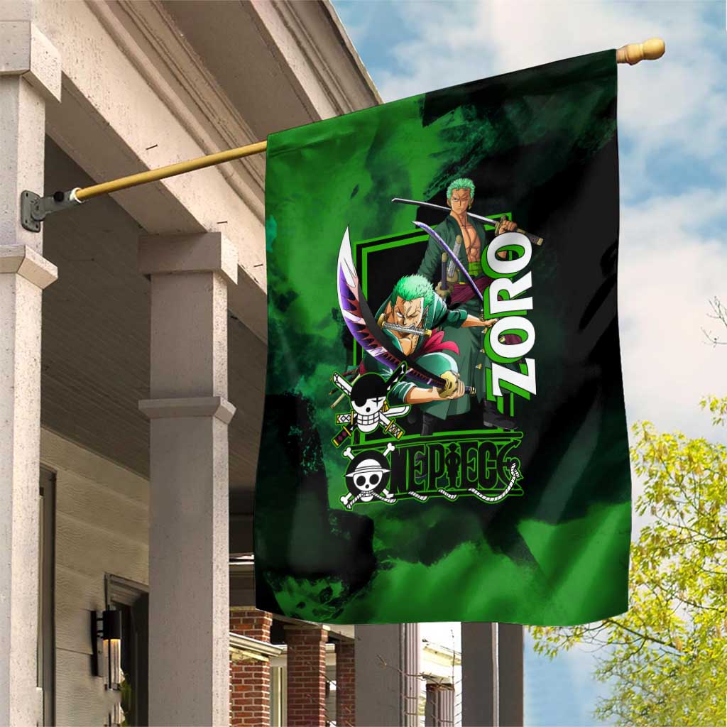 Zoro One Piece Green Theme Garden Flag with Swordsman Pose and Three Sword Style Design - The Mazicc