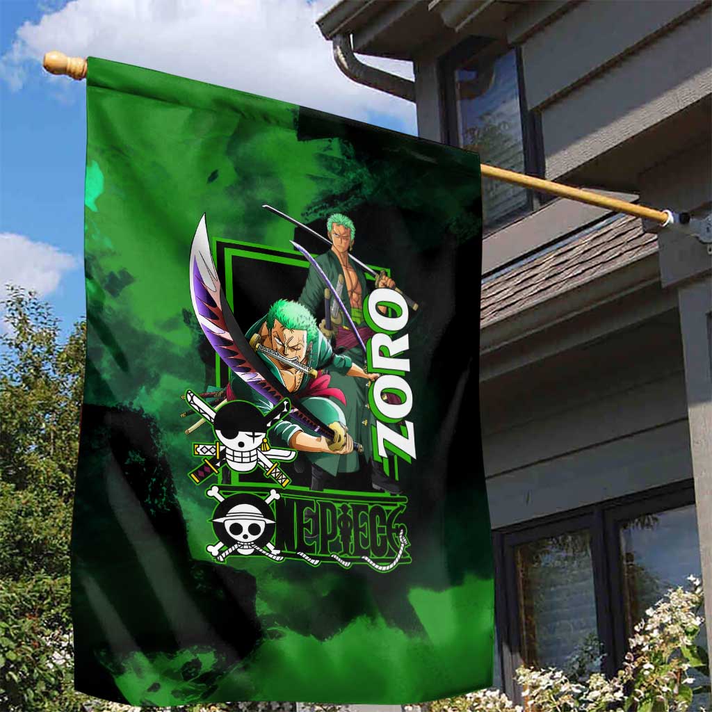 Zoro One Piece Green Theme Garden Flag with Swordsman Pose and Three Sword Style Design - The Mazicc