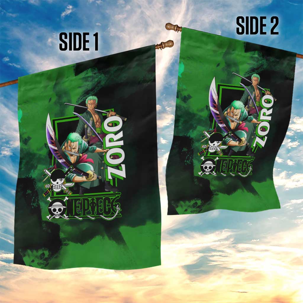 Zoro One Piece Green Theme Garden Flag with Swordsman Pose and Three Sword Style Design - The Mazicc