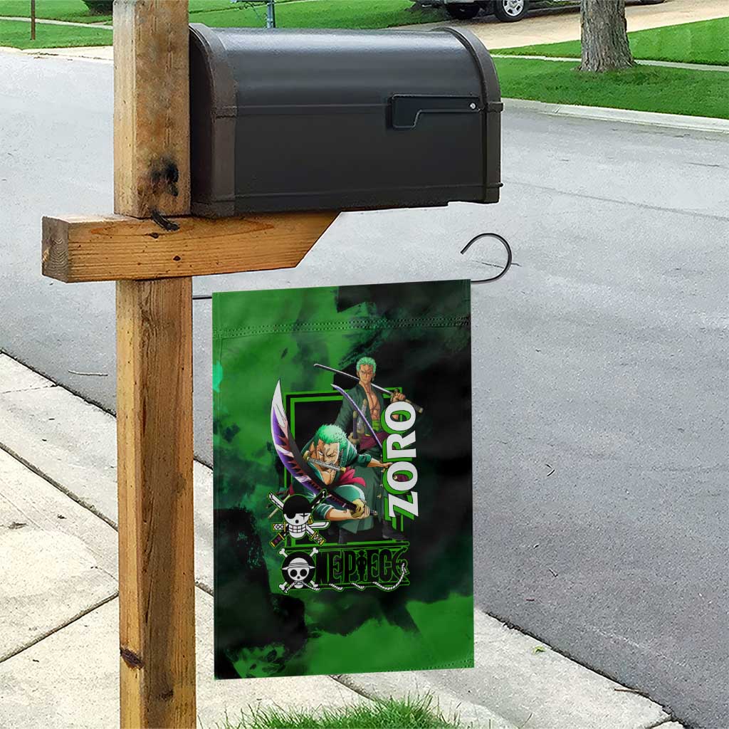 Zoro One Piece Green Theme Garden Flag with Swordsman Pose and Three Sword Style Design - The Mazicc