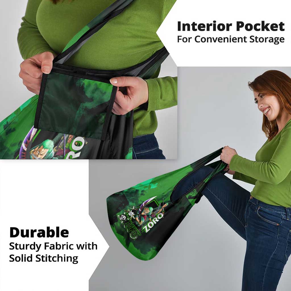 Zoro One Piece Green Theme Grocery Bag with Swordsman Pose and Three Sword Style Design - The Mazicc