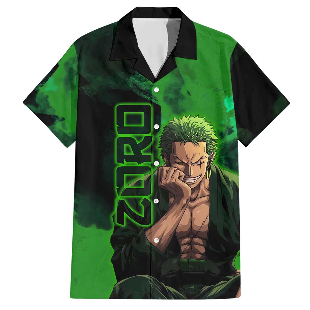 Zoro One Piece Green Theme Hawaiian Shirt with Swordsman Pose and Three Sword Style Design - The Mazicc