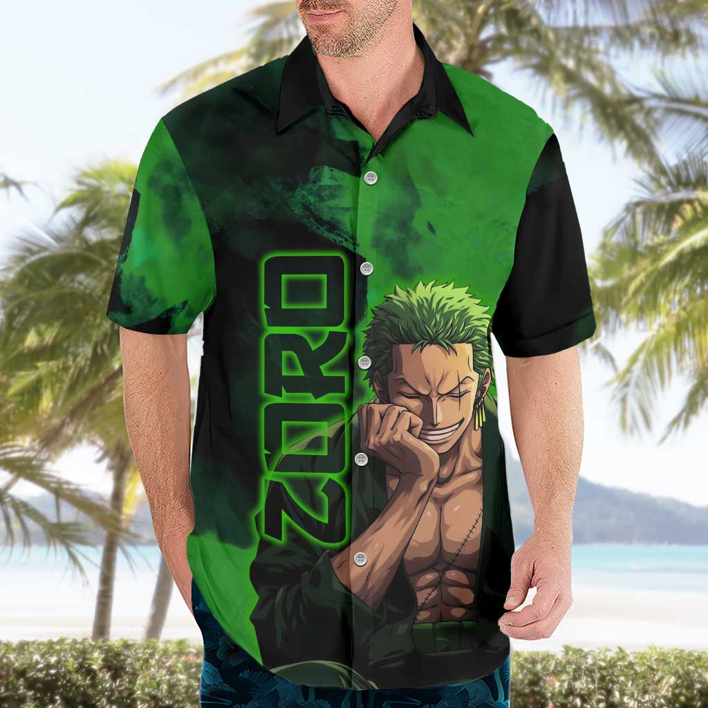 Zoro One Piece Green Theme Hawaiian Shirt with Swordsman Pose and Three Sword Style Design - The Mazicc