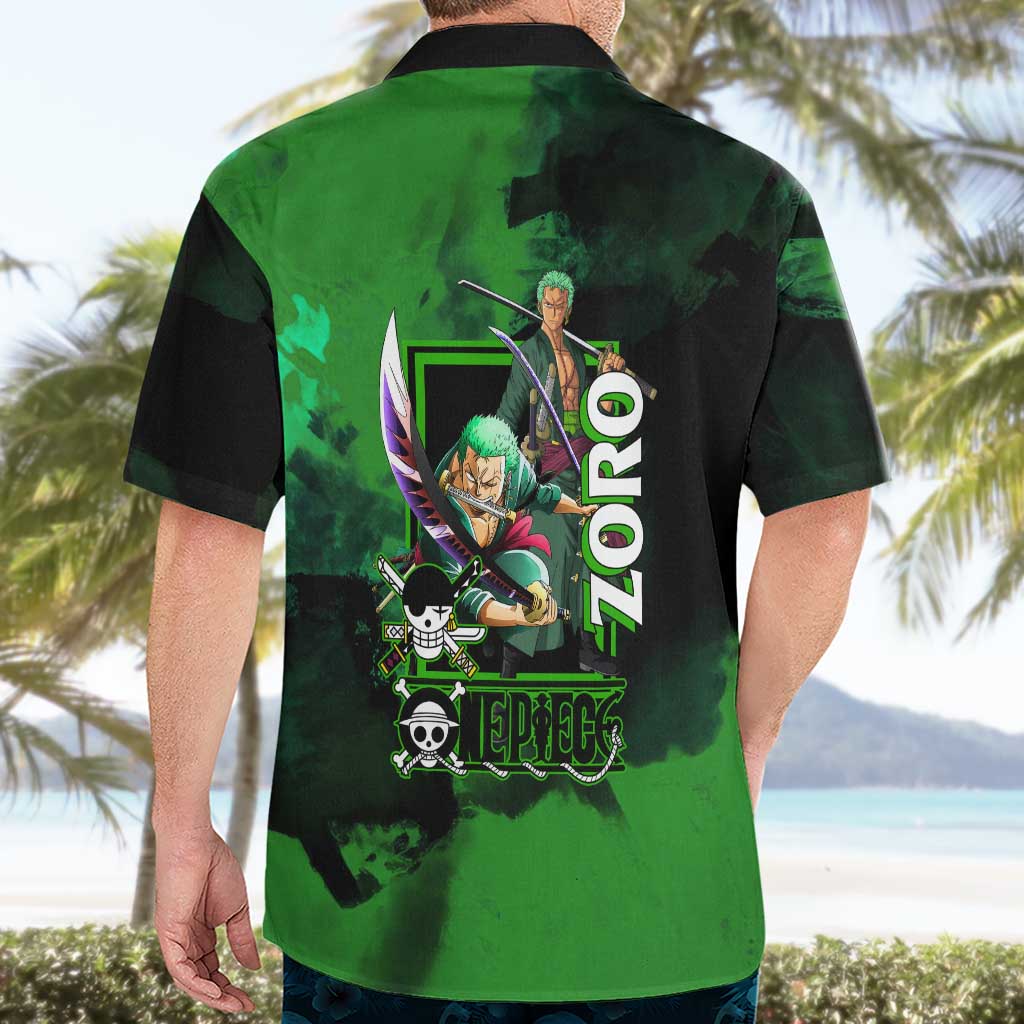 Zoro One Piece Green Theme Hawaiian Shirt with Swordsman Pose and Three Sword Style Design - The Mazicc