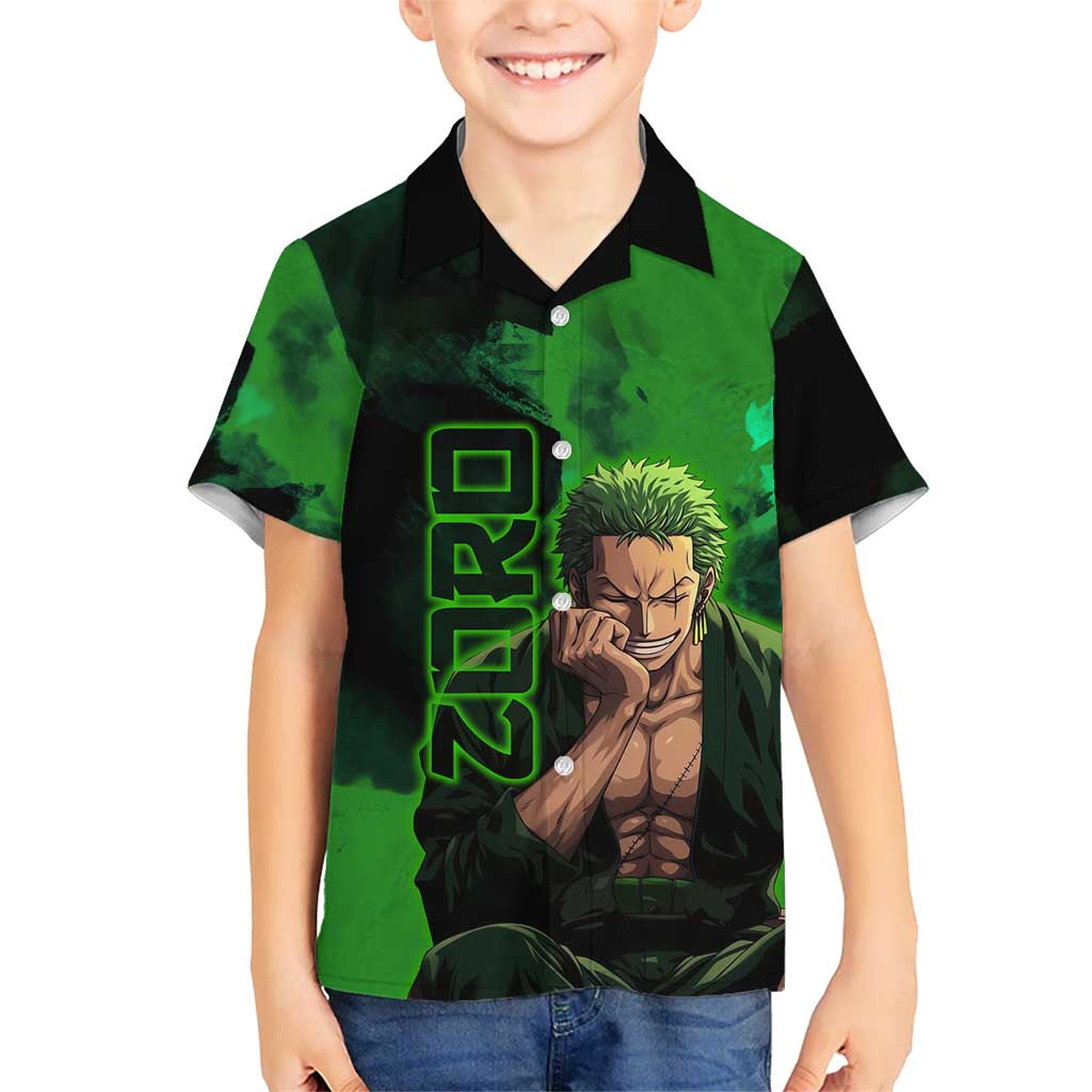 Zoro One Piece Green Theme Hawaiian Shirt with Swordsman Pose and Three Sword Style Design - The Mazicc