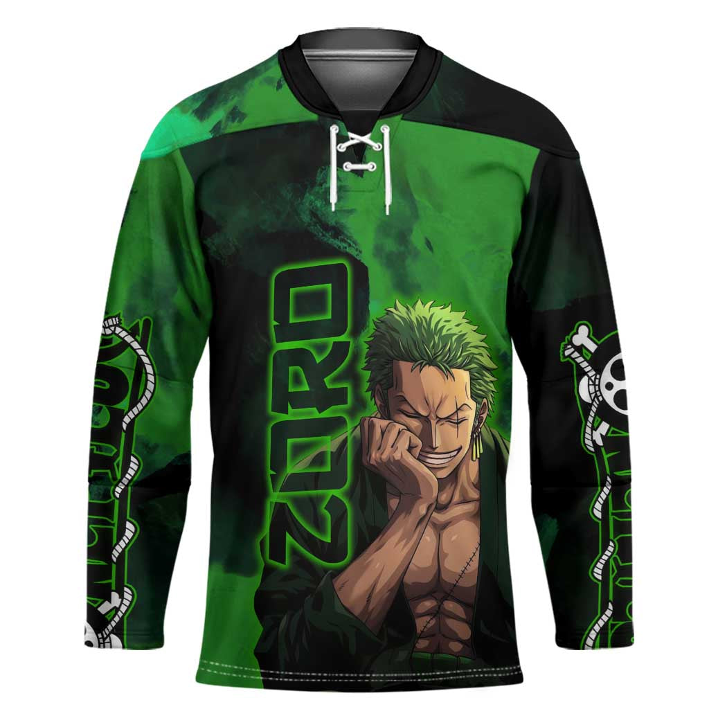 Zoro One Piece Green Theme Hockey Jersey with Swordsman Pose and Three Sword Style Design - The Mazicc