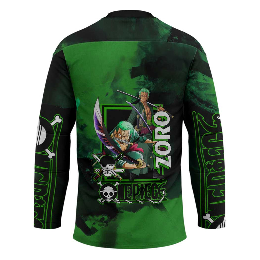 Zoro One Piece Green Theme Hockey Jersey with Swordsman Pose and Three Sword Style Design - The Mazicc