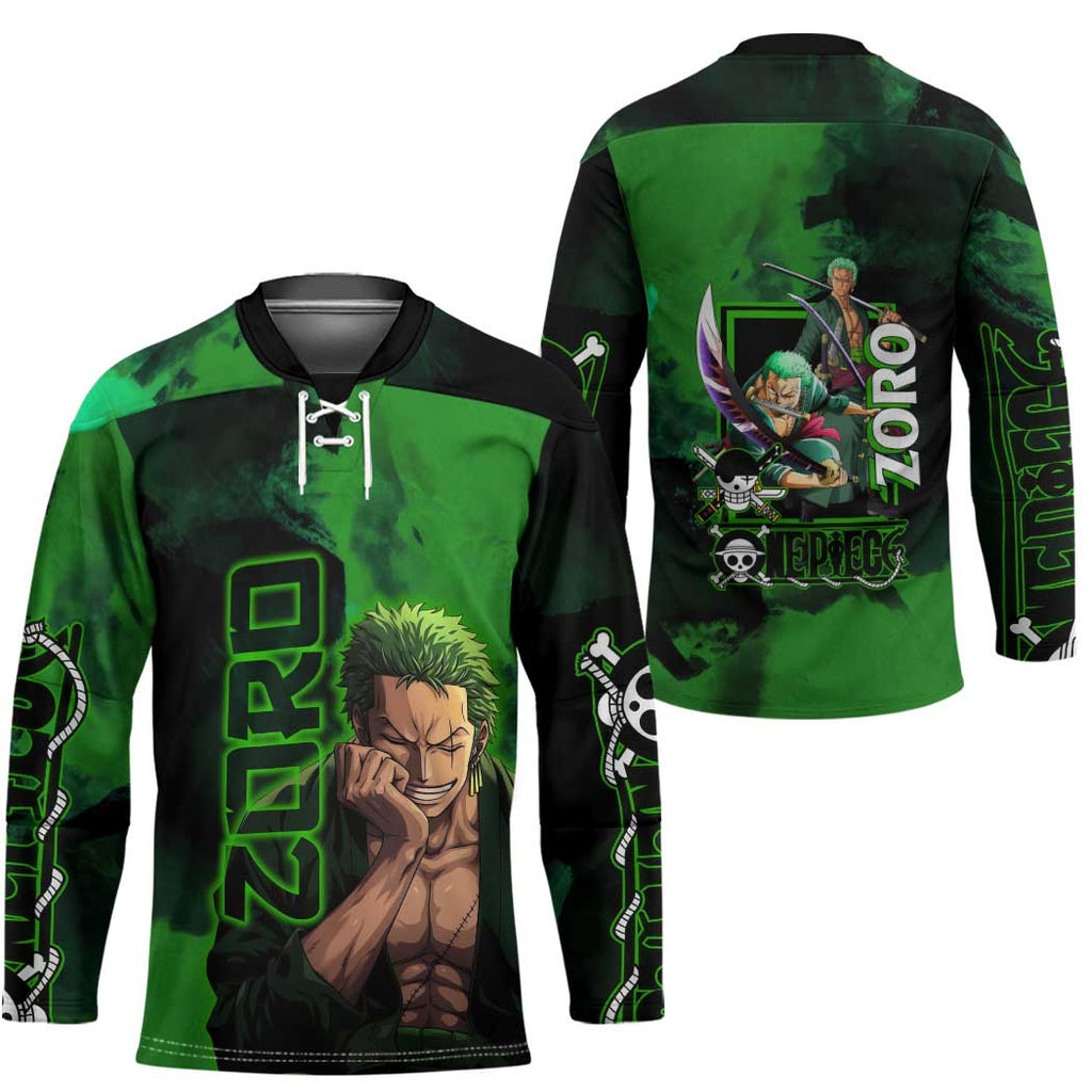 Zoro One Piece Green Theme Hockey Jersey with Swordsman Pose and Three Sword Style Design - The Mazicc