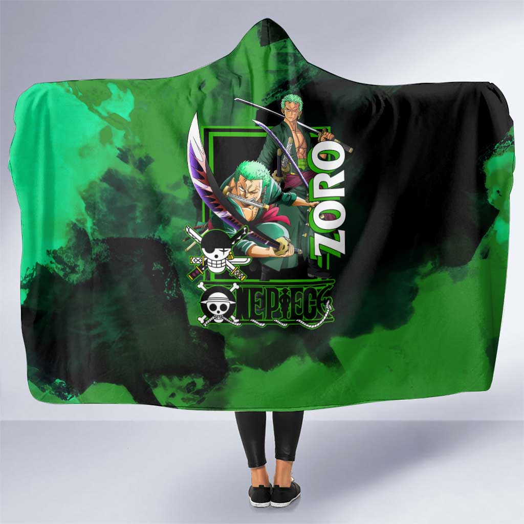 Zoro One Piece Green Theme Hooded Blanket with Swordsman Pose and Three Sword Style Design - The Mazicc