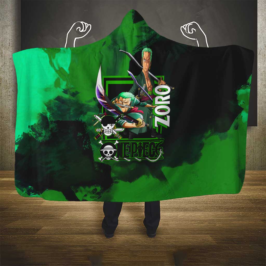 Zoro One Piece Green Theme Hooded Blanket with Swordsman Pose and Three Sword Style Design - The Mazicc
