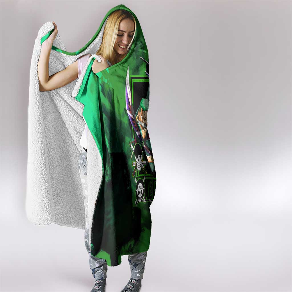 Zoro One Piece Green Theme Hooded Blanket with Swordsman Pose and Three Sword Style Design - The Mazicc
