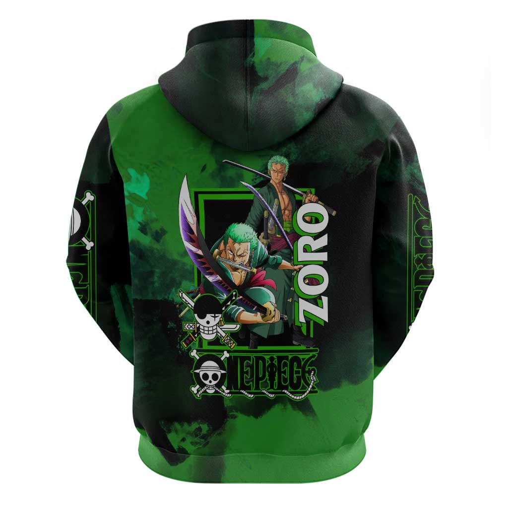 Zoro One Piece Green Theme Hoodie with Swordsman Pose and Three Sword Style Design - The Mazicc